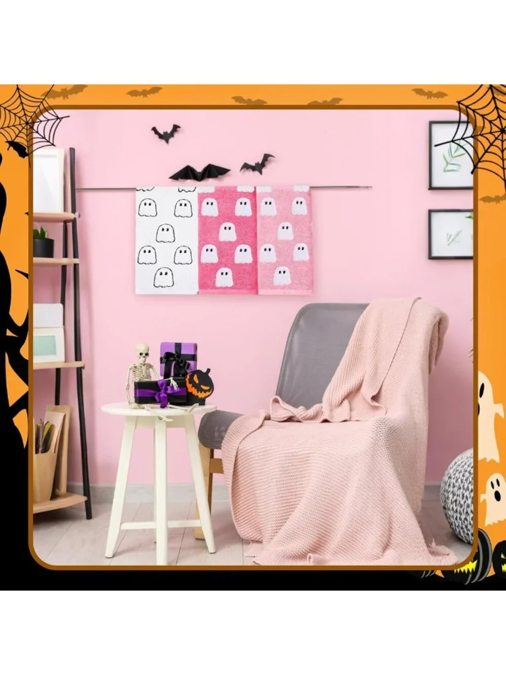 3 Pcs Pink Ghost Hand Towels - 100% Cotton Halloween Decor, Cute Kitchen Gifts
